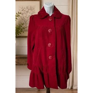 Elevenses Anthropologie Red Corduroy Ruffle Swing Coat Jacket Size 4